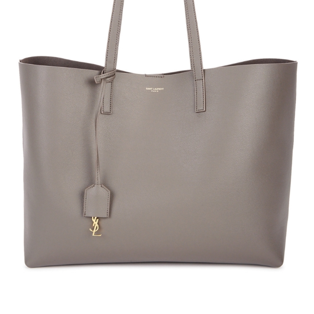 Saint Laurent Leather East/West Shopping Tote Bag - Oyster Grey